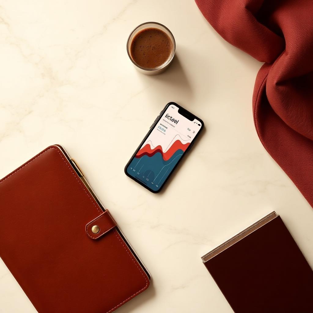 Marble desk flat lay with leather notebook and phone showing analytics