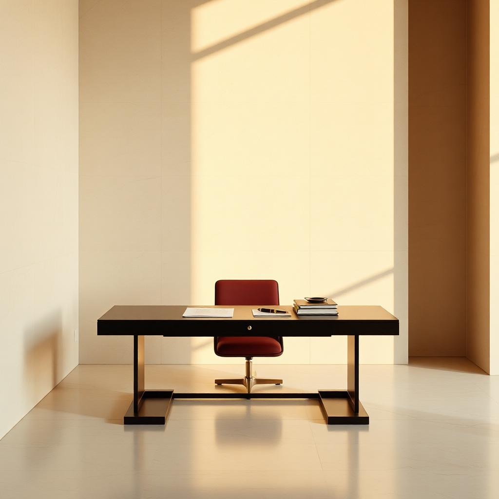 Minimal architectural interior with a single elegant desk in warm light