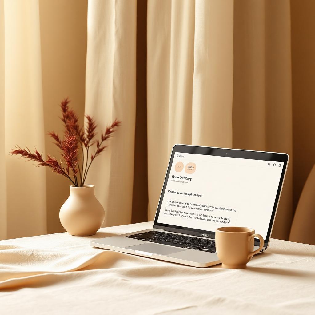 Warm minimal workspace with laptop, ceramic mug, and pampas grass in soft light