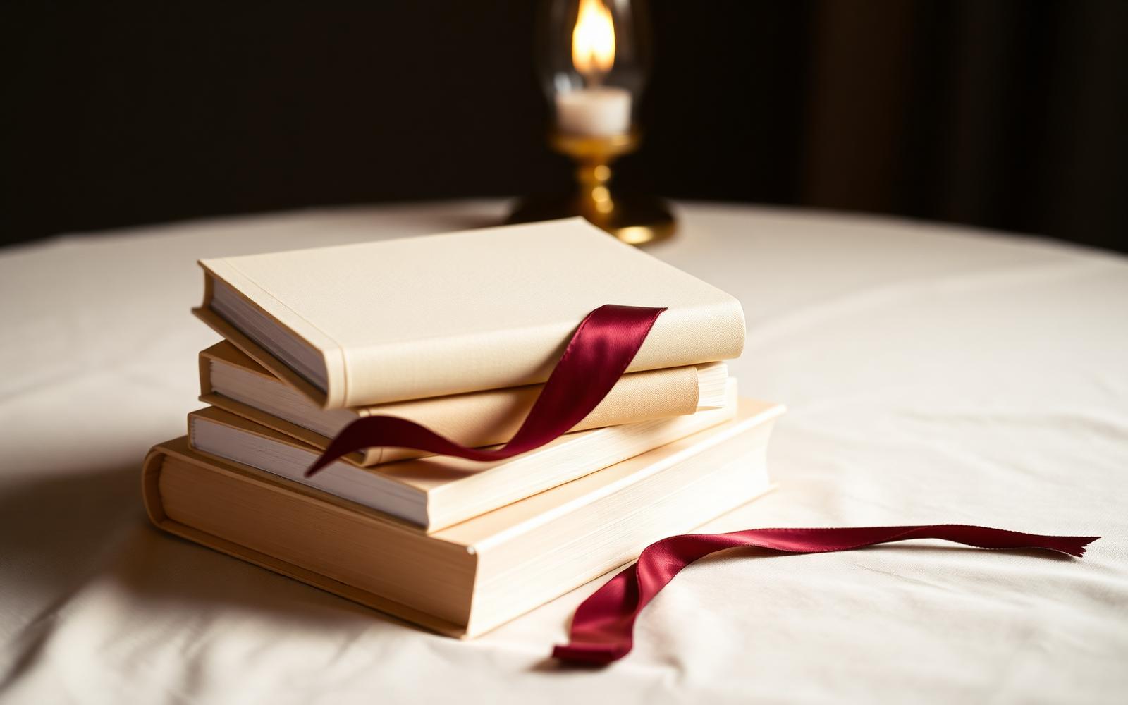 A stack of cream hardcover books with a burgundy silk bookmark — the reference kit.