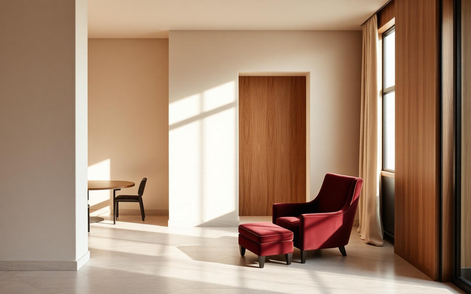 A warm ivory interior with a single deep burgundy armchair — the room where the work lives.