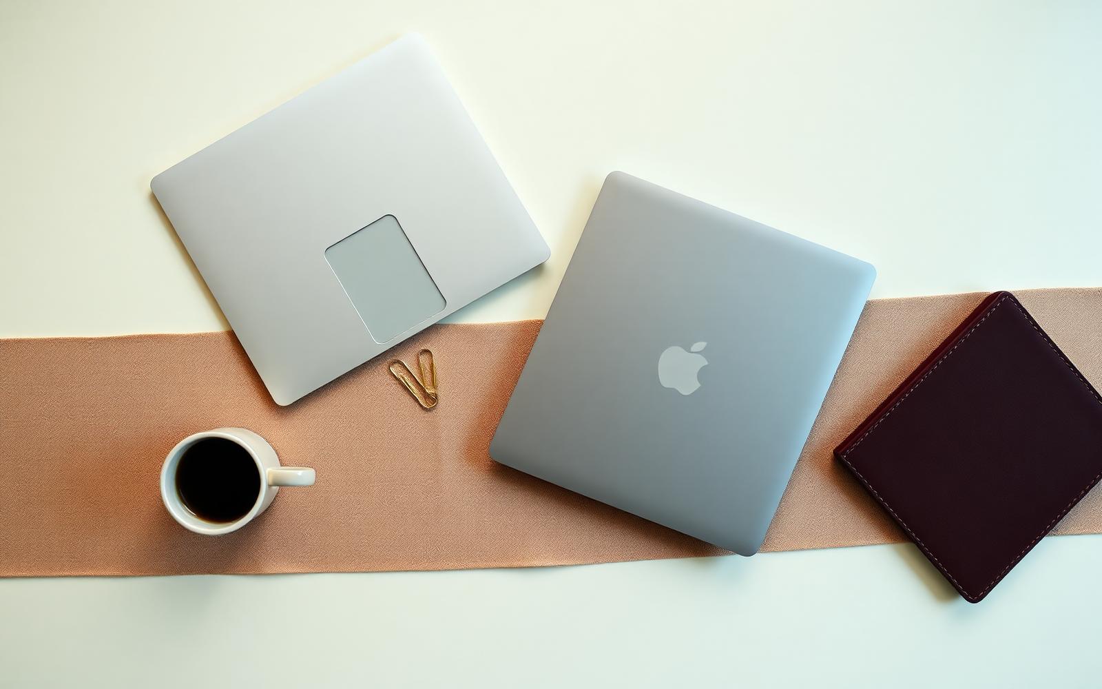 Overhead flat lay of laptops, espresso, and a burgundy folio — the modern working stack.