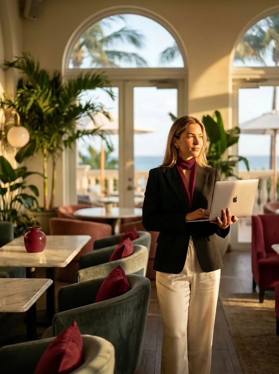 A member in a private lounge with a laptop