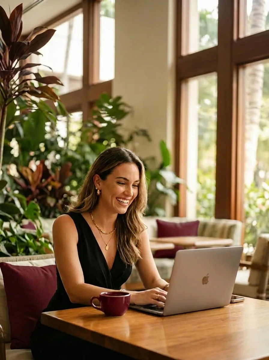 A founder working remotely in a warm, plant-filled space