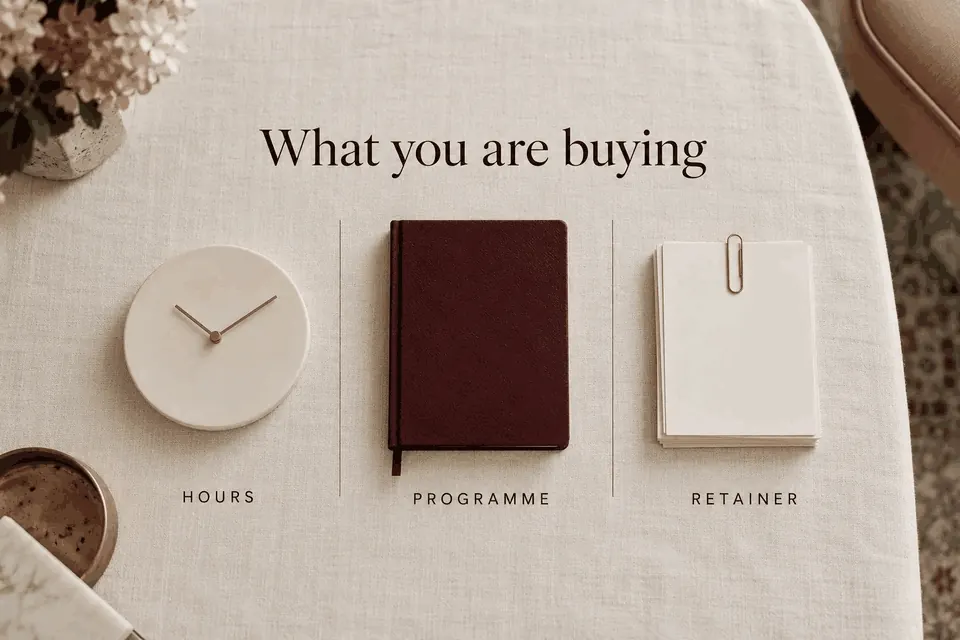 Animated clock hands, opening notebook and curling paper illustrating Hours, Program and Retainer