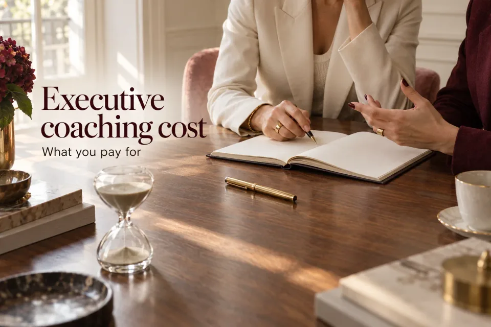 Two women discussing an open notebook, with Executive coaching cost and What you pay for generated inside the cover