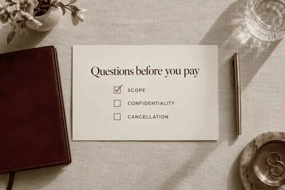 Animated sequence highlighting Scope, Confidentiality and Cancellation one at a time on the same desk