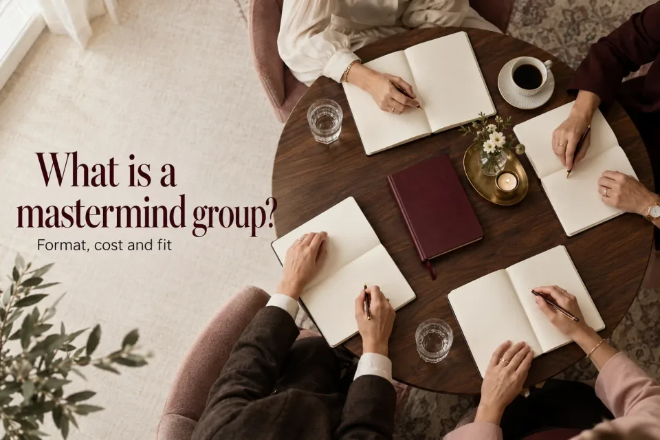 Four women writing around a circular walnut table, with What is a mastermind group? generated inside the cover