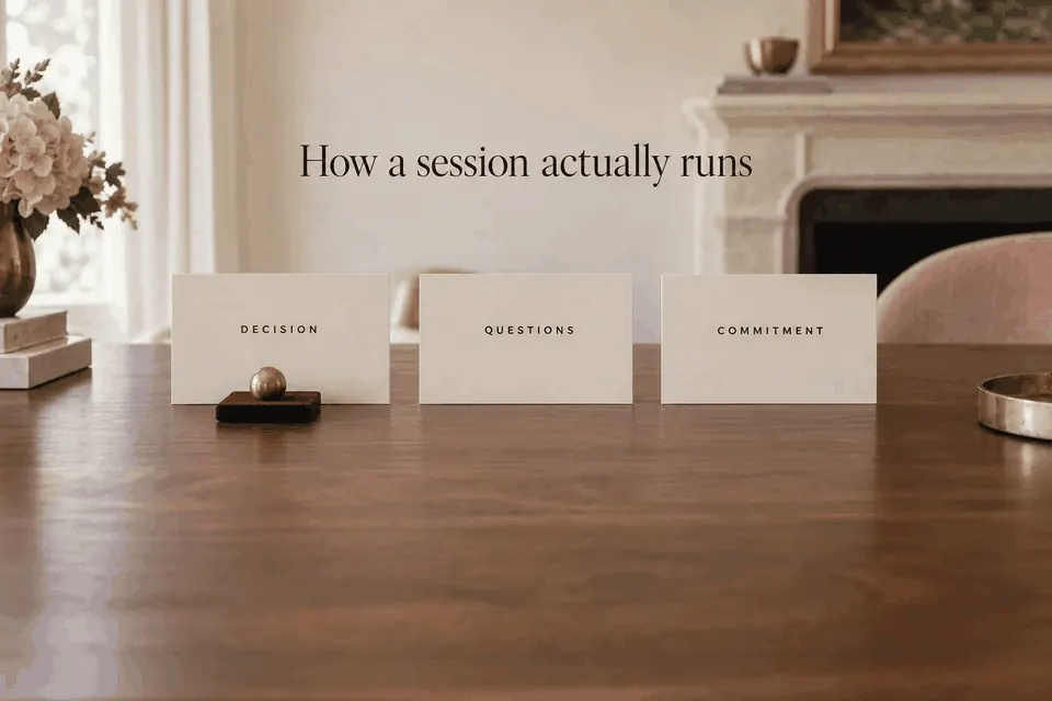 A brass marker moving the emphasis between Decision, Questions and Commitment