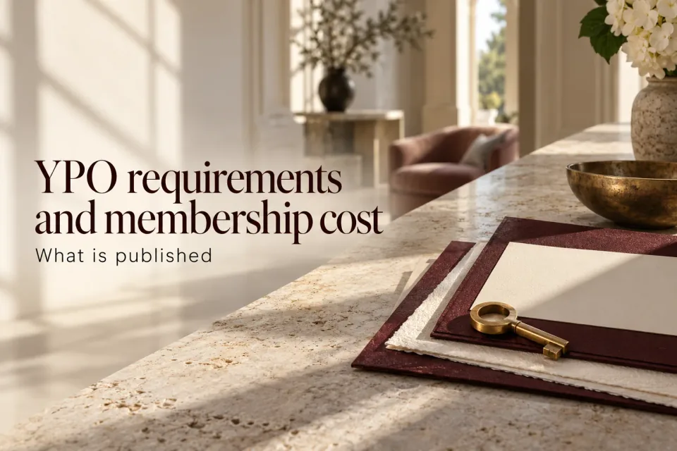 Burgundy membership folder, ivory paper and a brass key, with YPO requirements and membership cost generated inside the cover