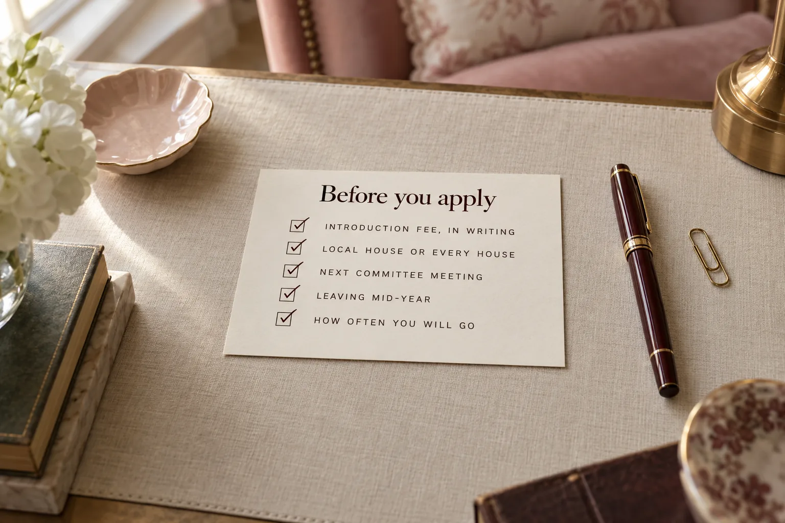 A cream checklist card on a linen desk blotter beside a burgundy fountain pen, headed Before you apply, with five ticked rows from Introduction fee, in writing to How often you will go