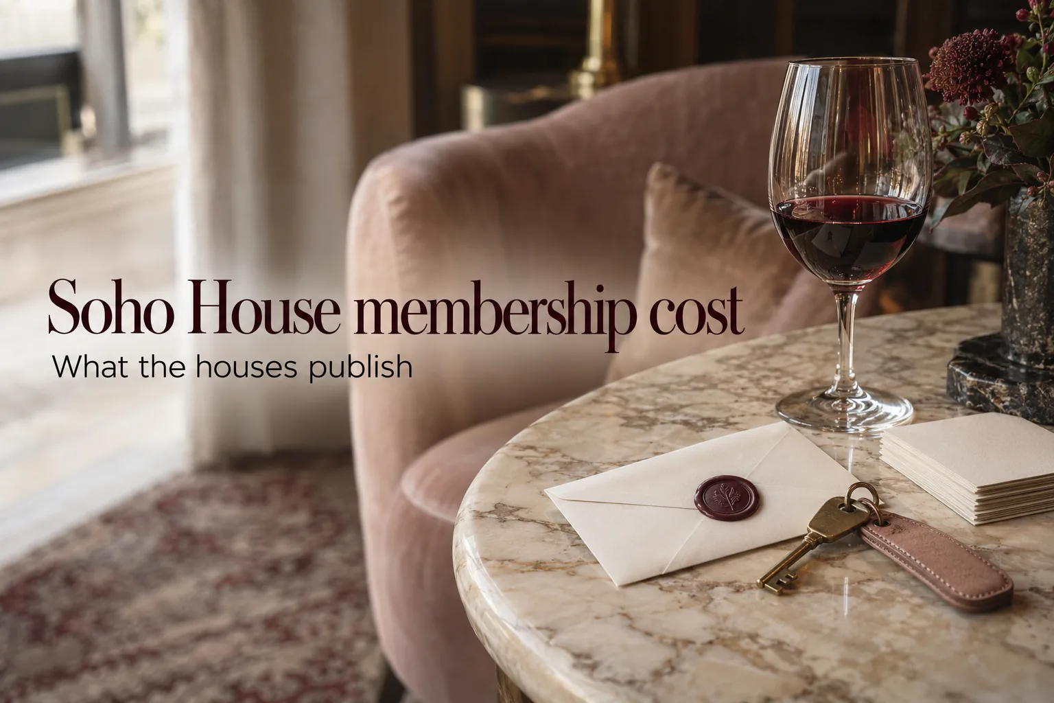 A marble side table in a blush lounge with a wax-sealed cream envelope, a brass key on a blush leather fob and a glass of red wine, with the title Soho House membership cost set in burgundy serif