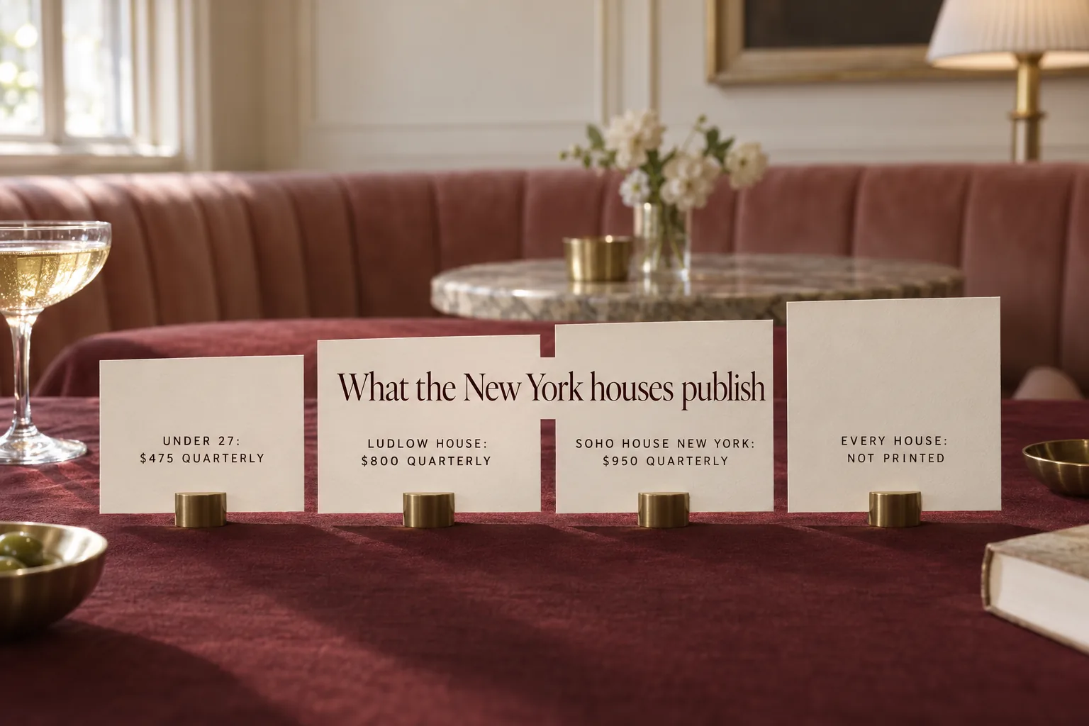 Four cream cards in brass holders on burgundy linen, headed What the New York houses publish, reading Under 27: $475 quarterly, Ludlow House: $800 quarterly, Soho House New York: $950 quarterly and Every House: not printed