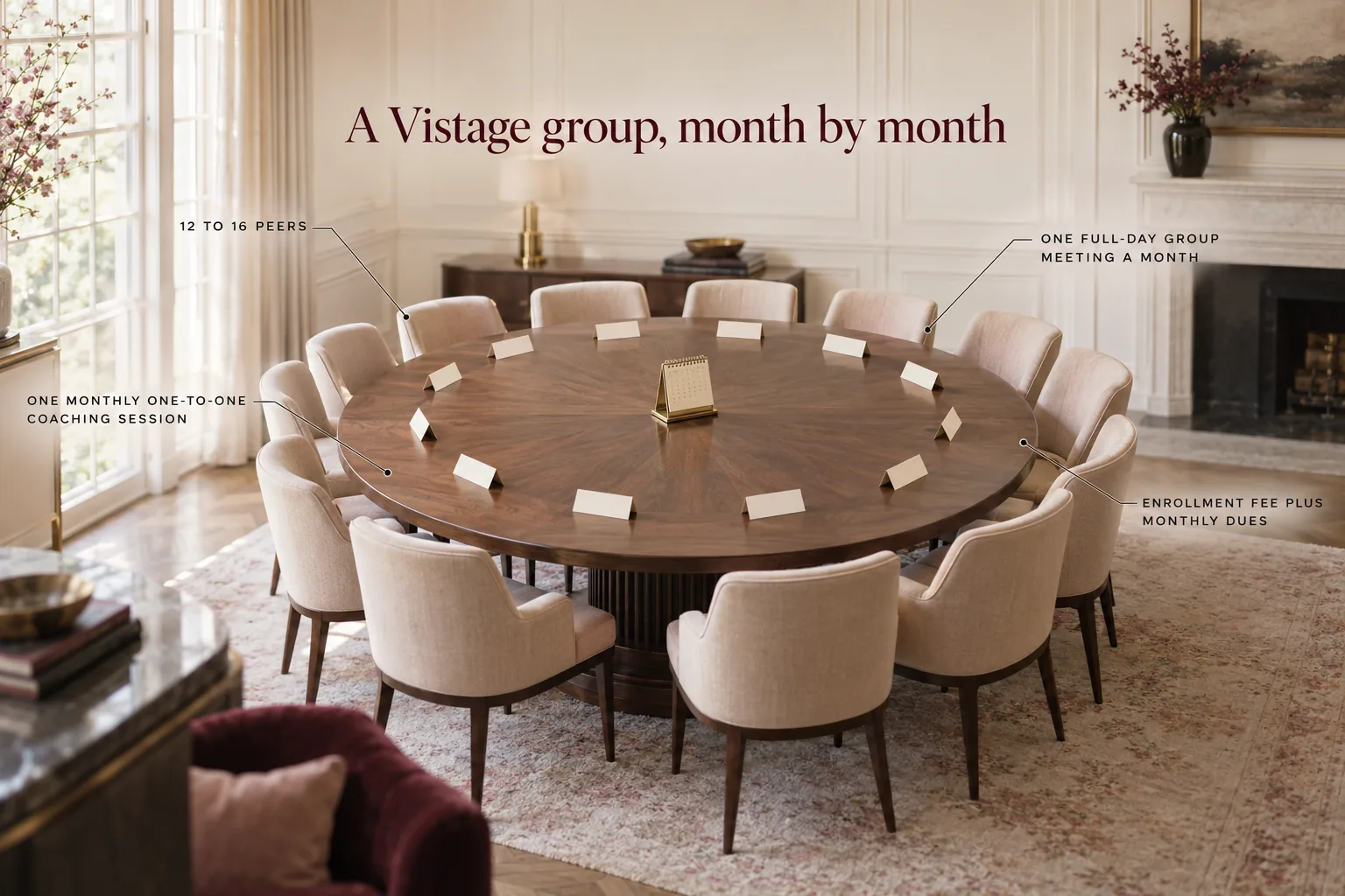 A round walnut table ringed by sixteen cream chairs with blank place cards, headed A Vistage group, month by month, with callouts reading 12 to 16 peers, One full-day group meeting a month, One monthly one-to-one coaching session and Enrollment fee plus monthly dues