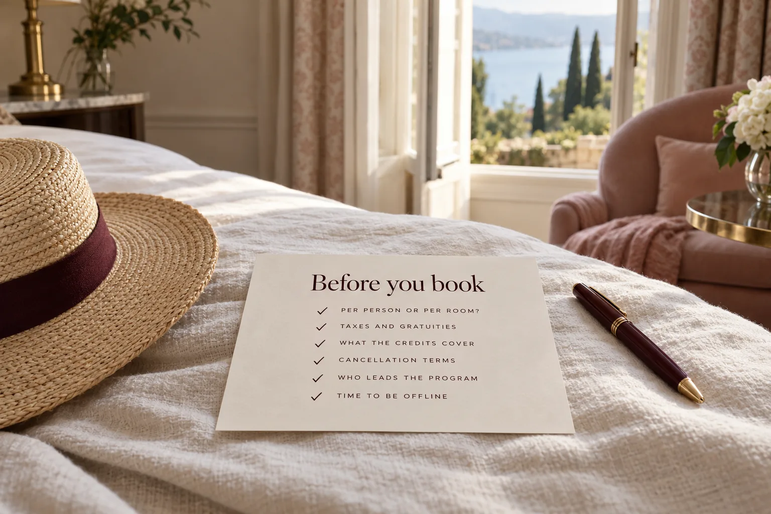 A cream checklist card on a linen bedspread beside a straw hat and a burgundy pen, headed Before you book, with six ticked rows from Per person or per room? to Time to be offline