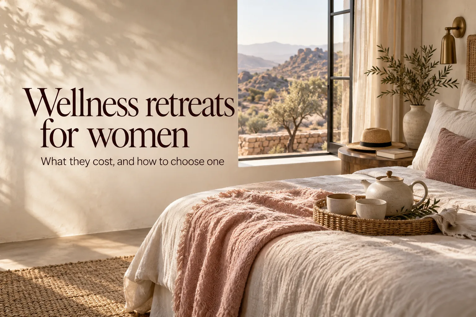 A sunlit retreat bedroom with a linen bed, a blush throw, a tea tray and a straw hat by an open window onto desert hills, with the title Wellness retreats for women set in burgundy serif