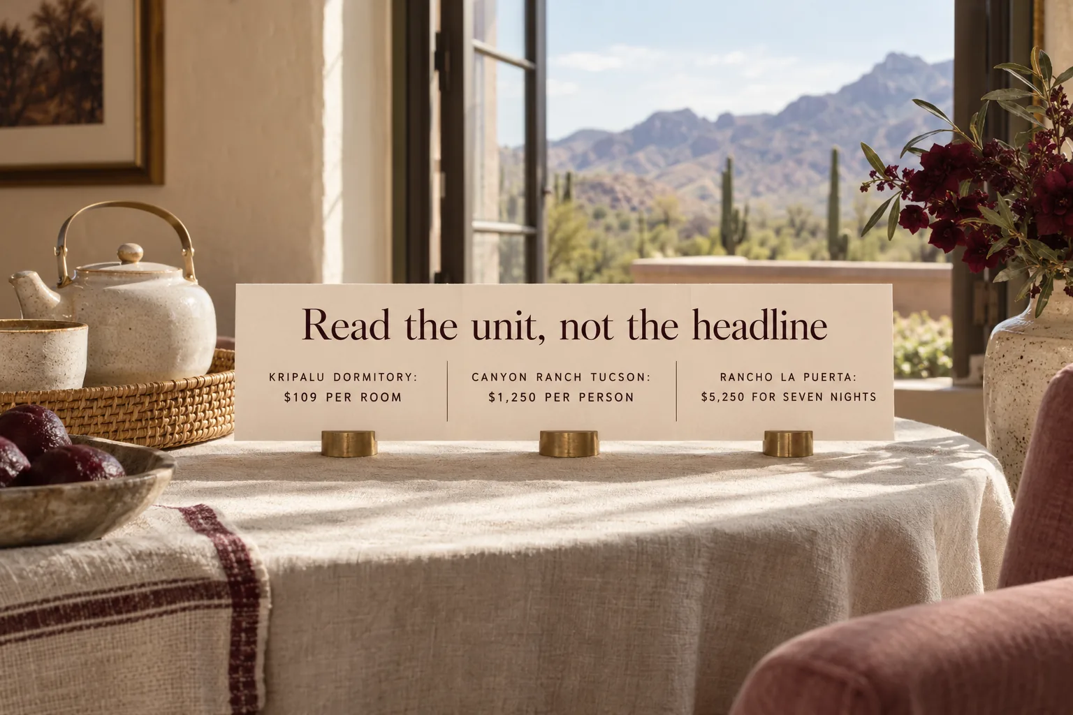 A long cream card in brass holders on a linen table by an open window onto desert hills, headed Read the unit, not the headline, with three columns reading Kripalu dormitory: $109 per room, Canyon Ranch Tucson: $1,250 per person and Rancho La Puerta: $5,250 for seven nights