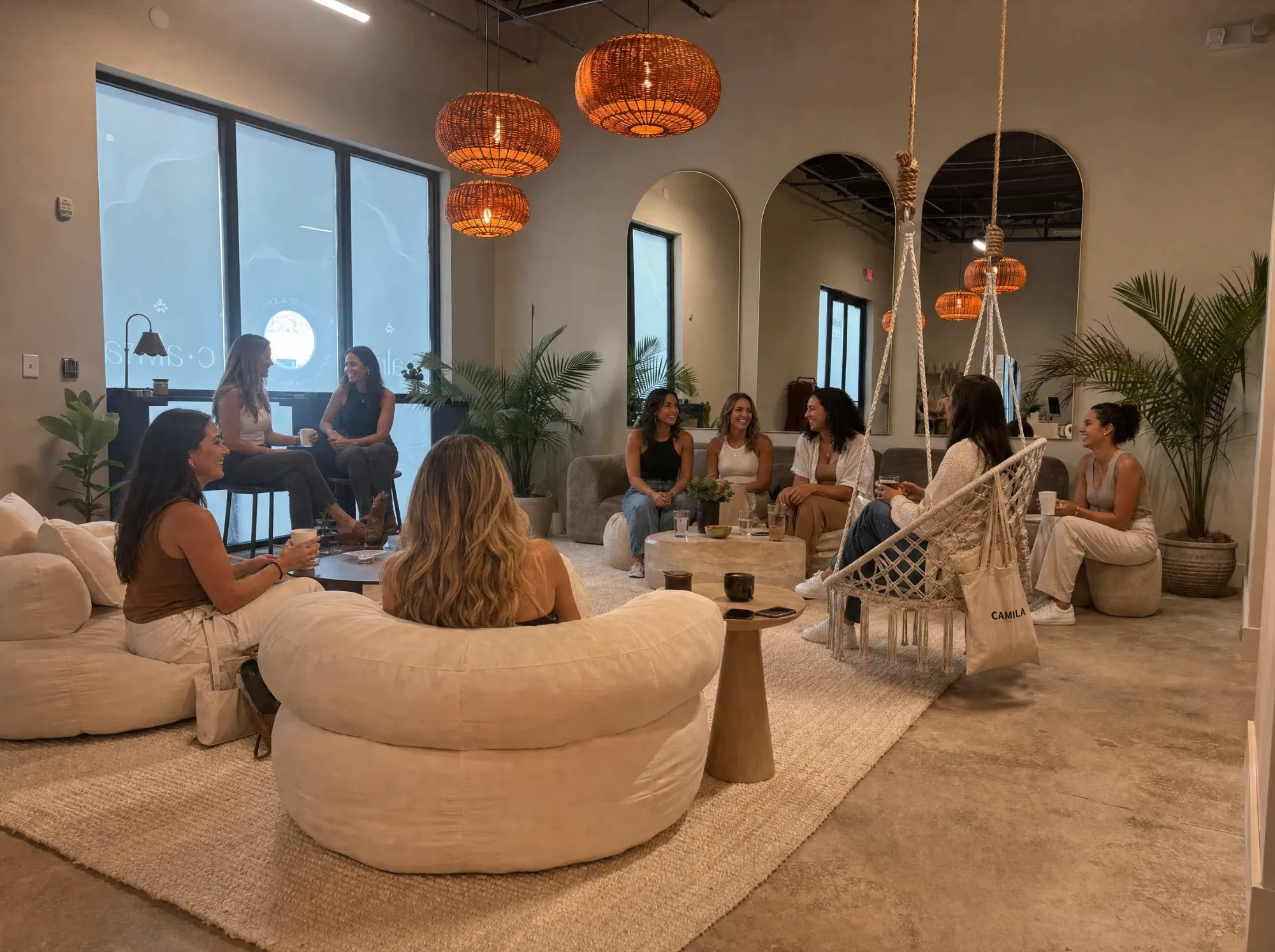A room of women sitting together and talking in the lounge at Calma Wellness Lounge