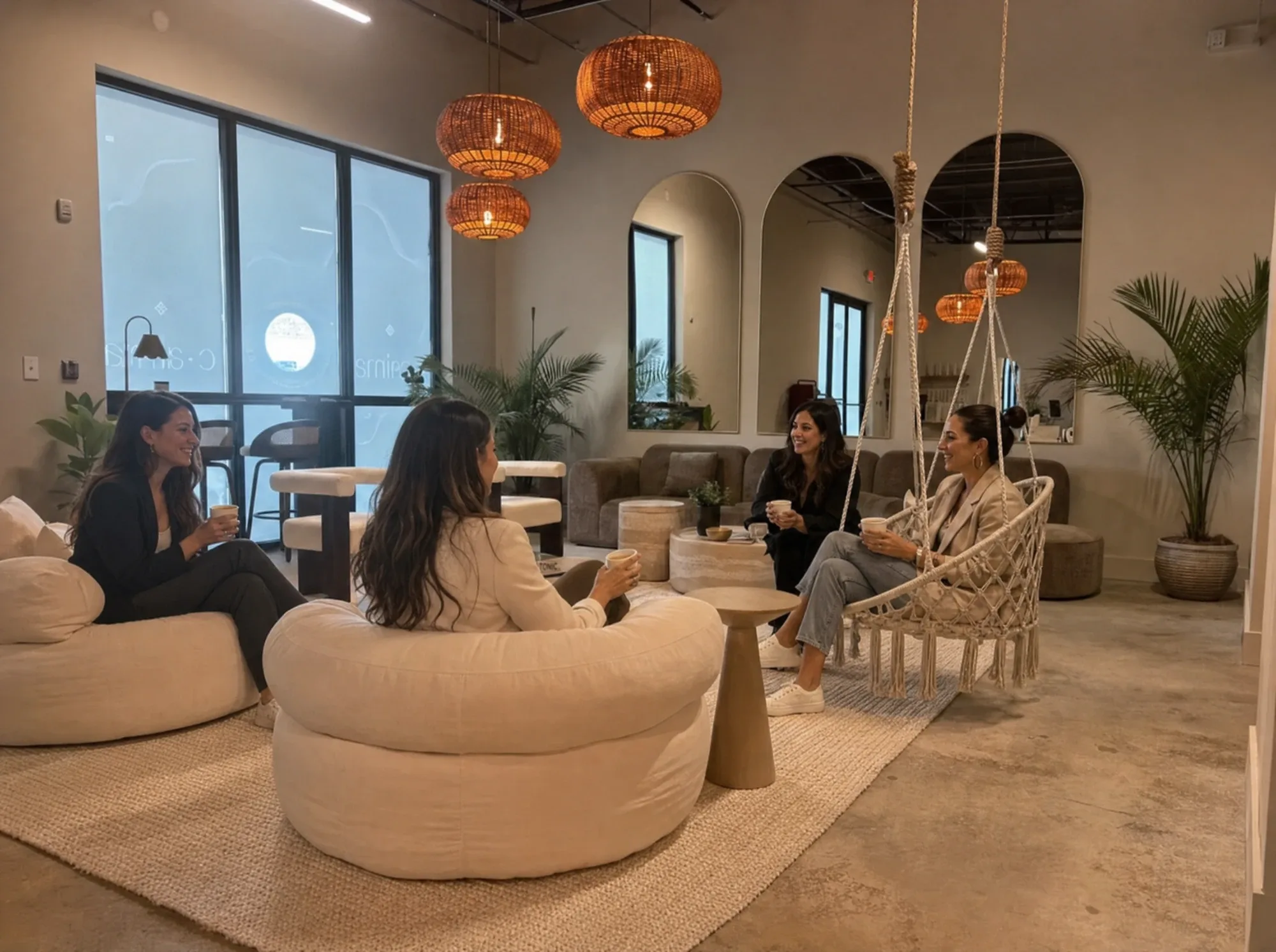 Four women talking over coffee in the lounge at Calma Wellness Lounge