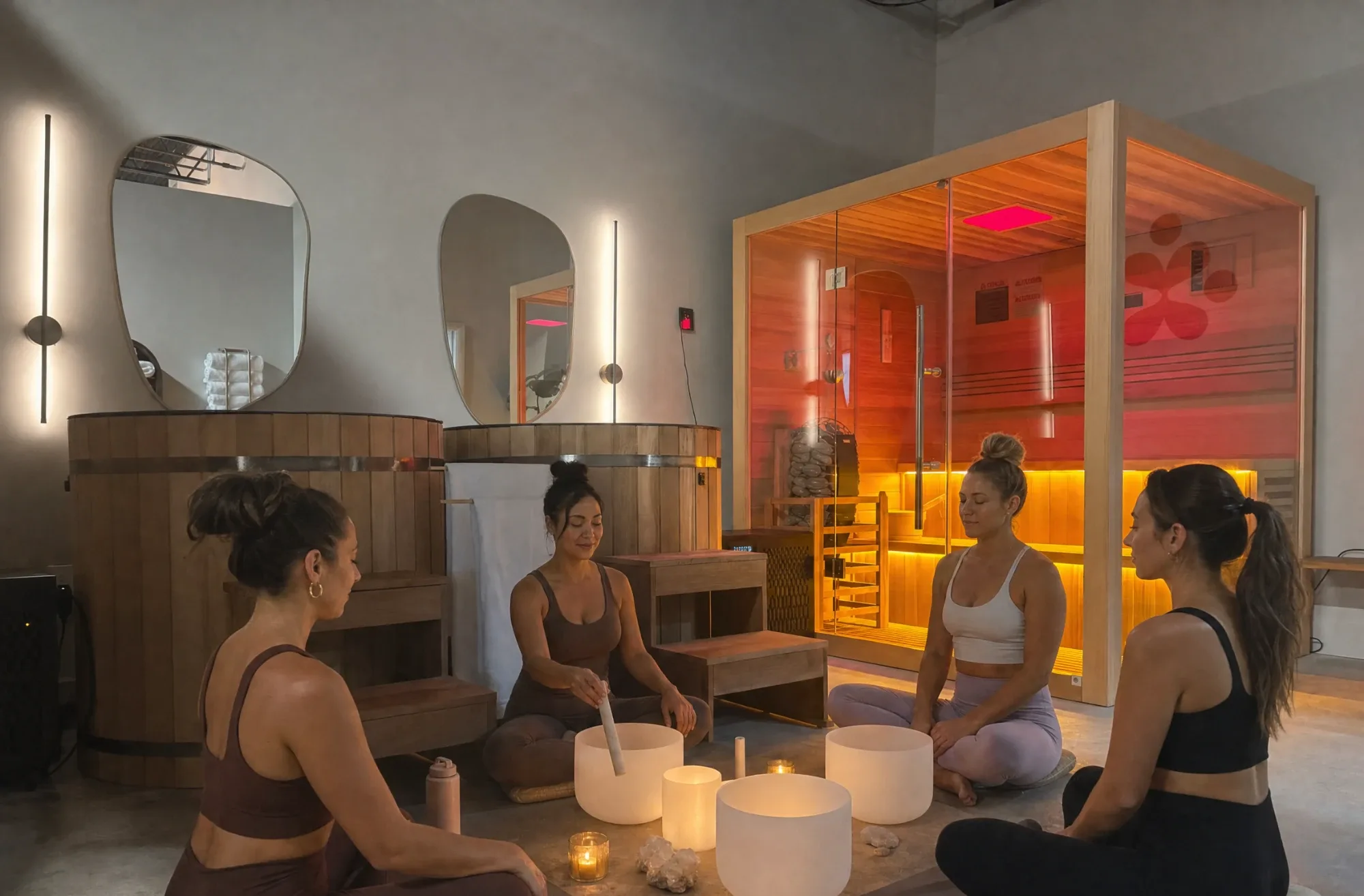 Women sitting around singing bowls by the sauna at Calma Wellness Lounge