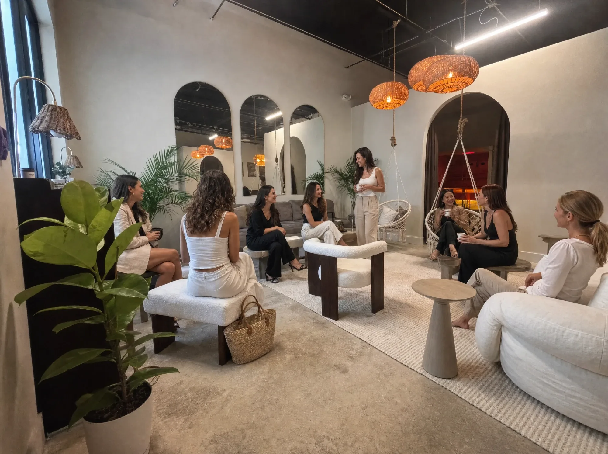 A group of women sitting and talking in the lounge at Calma Wellness Lounge