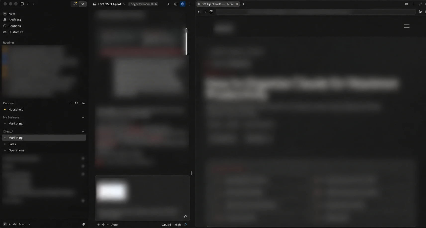 The Claude sidebar showing three projects, Personal, My Business and Client A, each with its own threads listed underneath