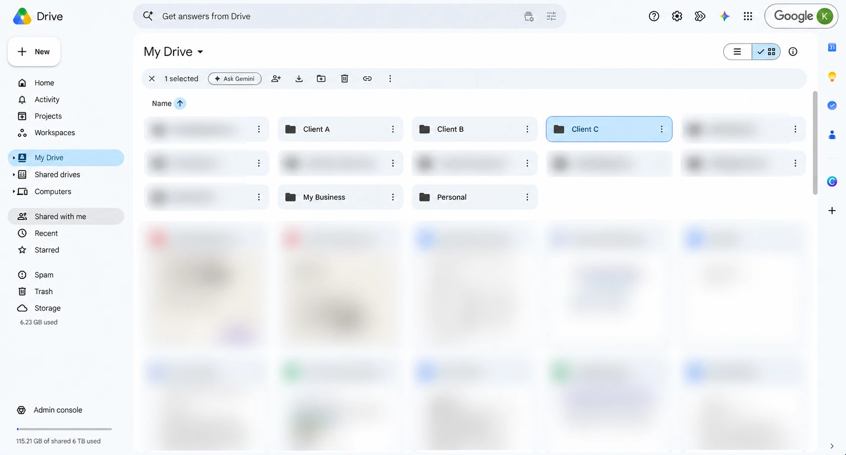 Google Drive showing folders named Client A, Client B, Client C, My Business and Personal, one for each Claude project
